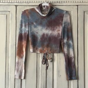 🟠NWT FINAL TOUCH Long Sleeve Cropped Cowl Neck Sweater Back Tie Blue/Mauve SMALL